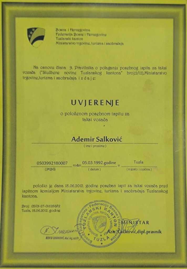 Uvjerenje o položenom ispitu za taksi vozača
